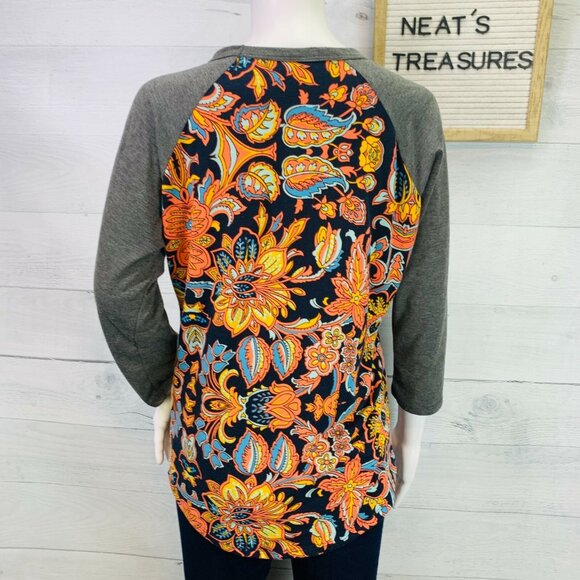 Lularoe Womens RANDY Colorful Floral Orange Blue 3/4 Gray Sleeve Top Sz XS - Picture 5 of 8